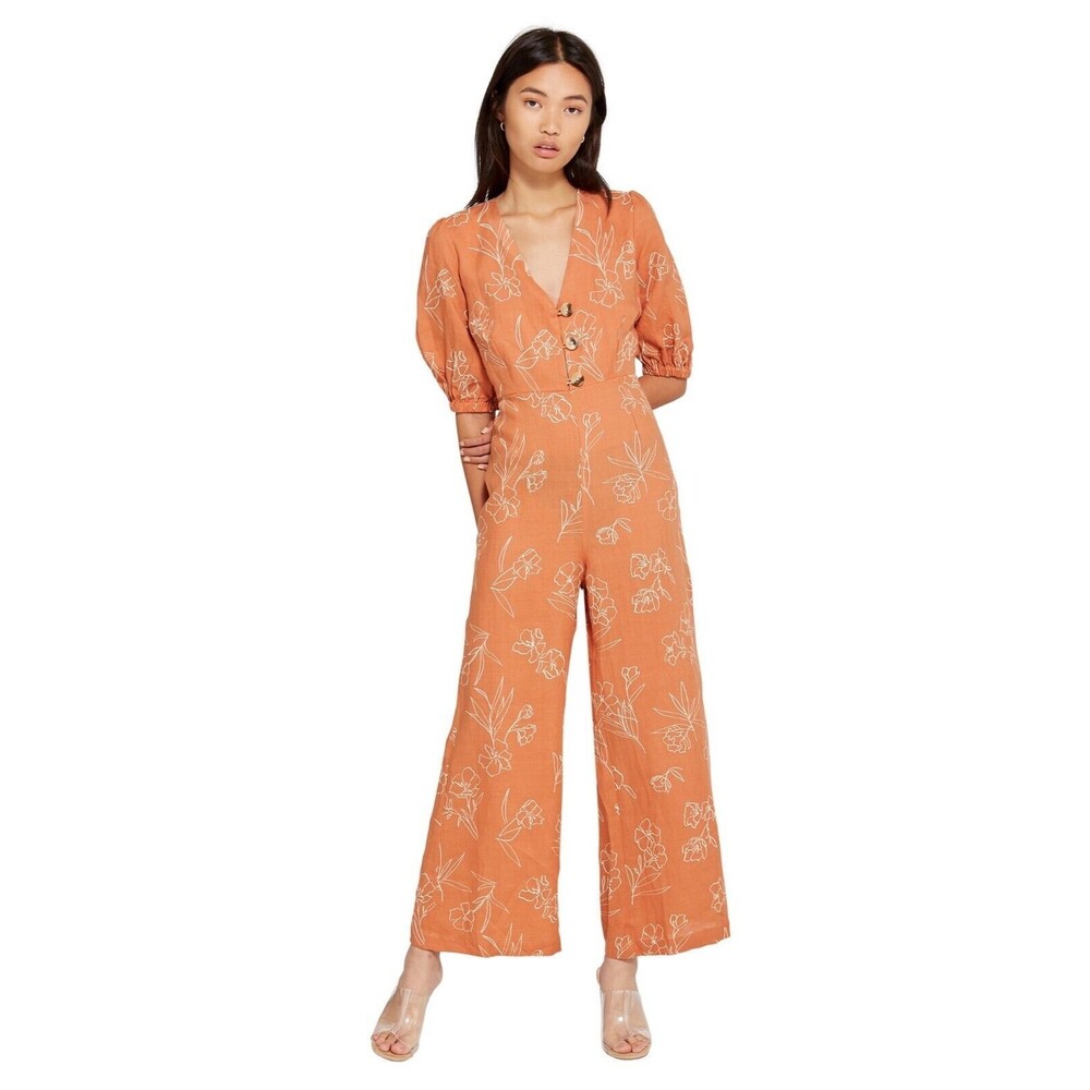 CAPULET Isalina Jumpsuit S Cropped Linen Floral Print Wide Leg Coral Orange B85